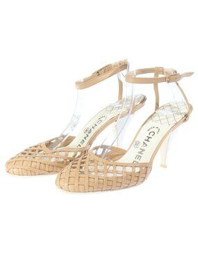 Chanel CC Logo Leather Ankle Strap Mesh Pumps Sandals Shoes Beige